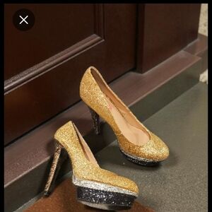 Betsey Johnson Seann Gold Silver Black Sparkle Glitter Platform High Heel